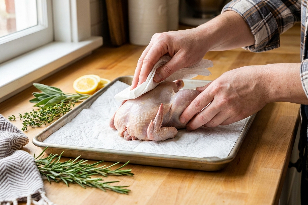Hands patting a raw Cornish game hen dry with paper towels on a sheet pan in a home kitchen