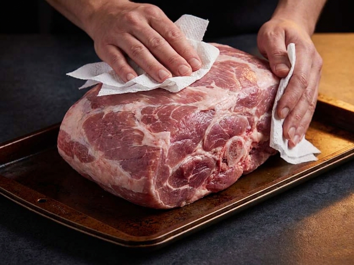 Hands patting a raw pork shoulder dry with paper towels on a rimmed baking sheet