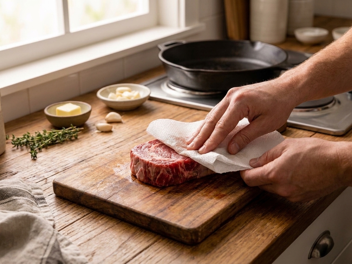 Hands patting a raw striploin steak dry with paper towels on a cutting board in a home kitchen