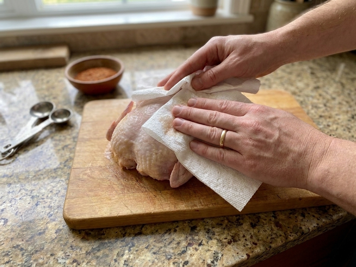 Hands patting a raw whole chicken dry with paper towels on a cutting board on a clean kitchen counter