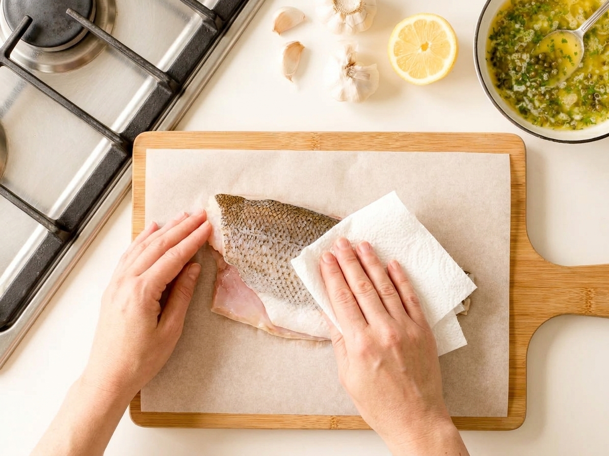 Hands patting a rockfish fillet dry with paper towels on a parchment-lined cutting board near a stovetop