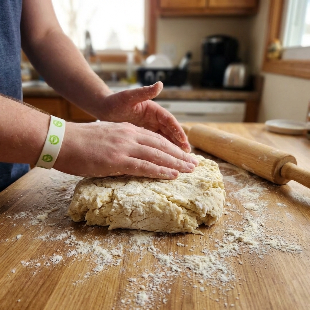Hands patting biscuit dough into a rectangle on a lightly floured counter with a rolling pin nearby