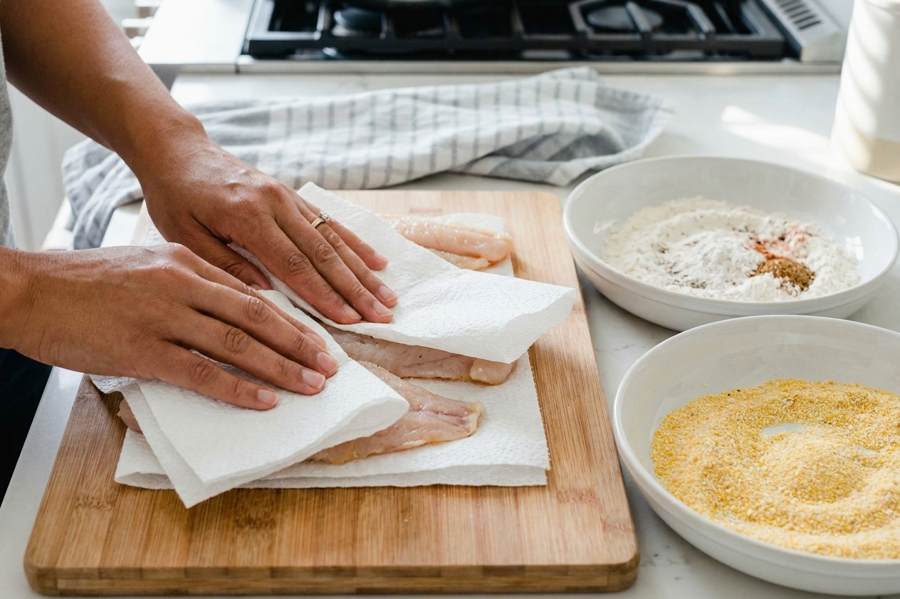 Hands patting catfish fillets dry with paper towels on a cutting board next to two shallow breading bowls