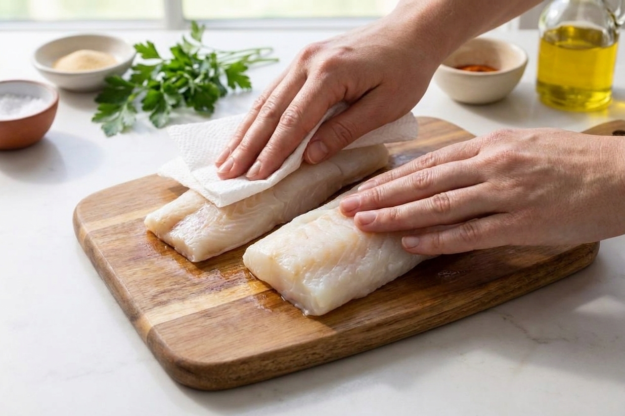 Hands patting cod fillets dry with paper towels on a cutting board on a kitchen counter