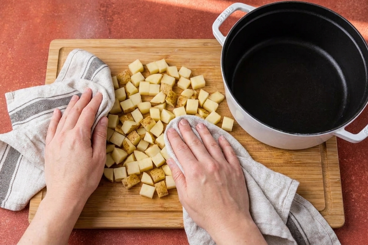 Hands patting dry cubed potatoes with a clean kitchen towel on a cutting board next to a skillet