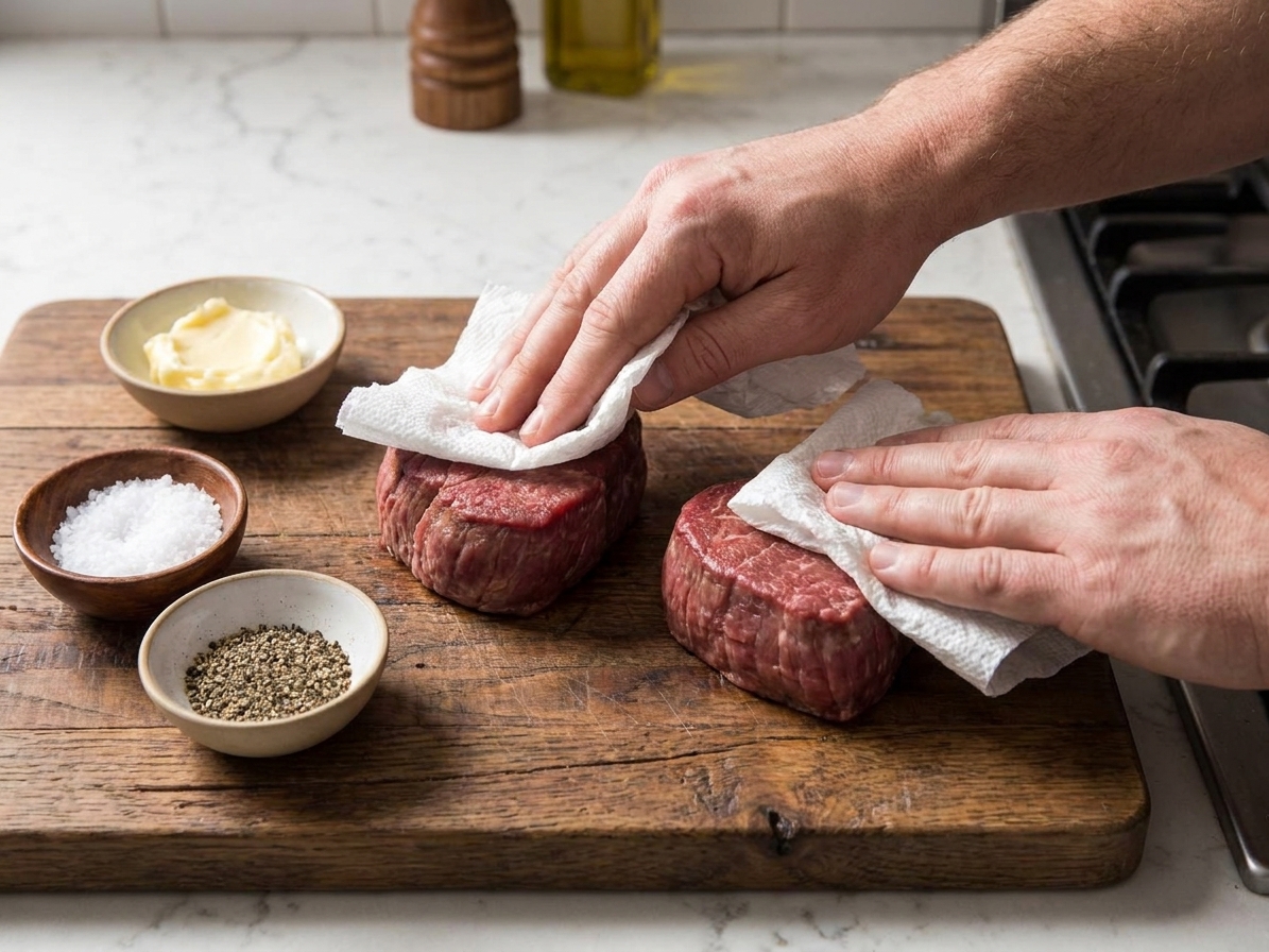 Hands patting filet mignon steaks dry with paper towels on a cutting board next to salt, pepper, and a small dish of butter