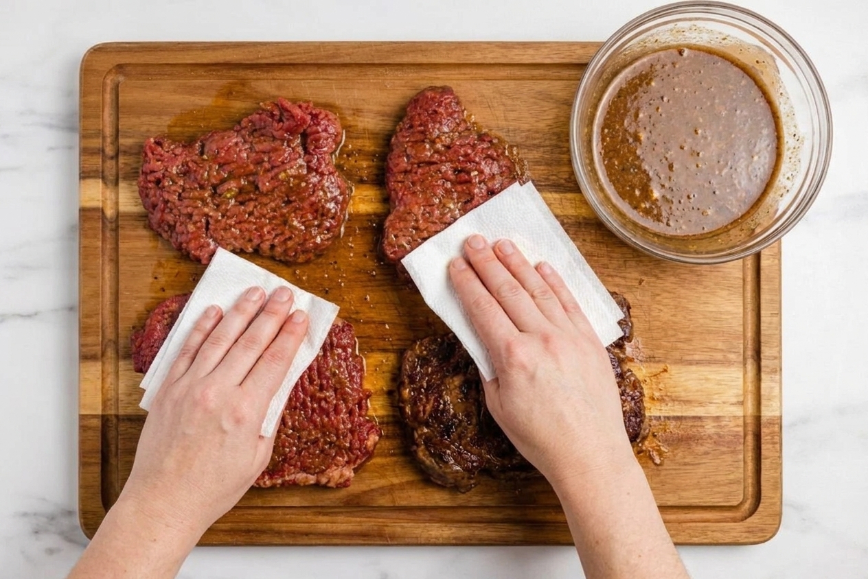 Hands patting marinated cube steak dry with paper towels on a cutting board, with a bowl of marinade nearby