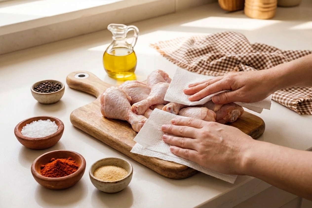 Hands patting raw chicken drumsticks dry with paper towels on a cutting board on a clean kitchen counter