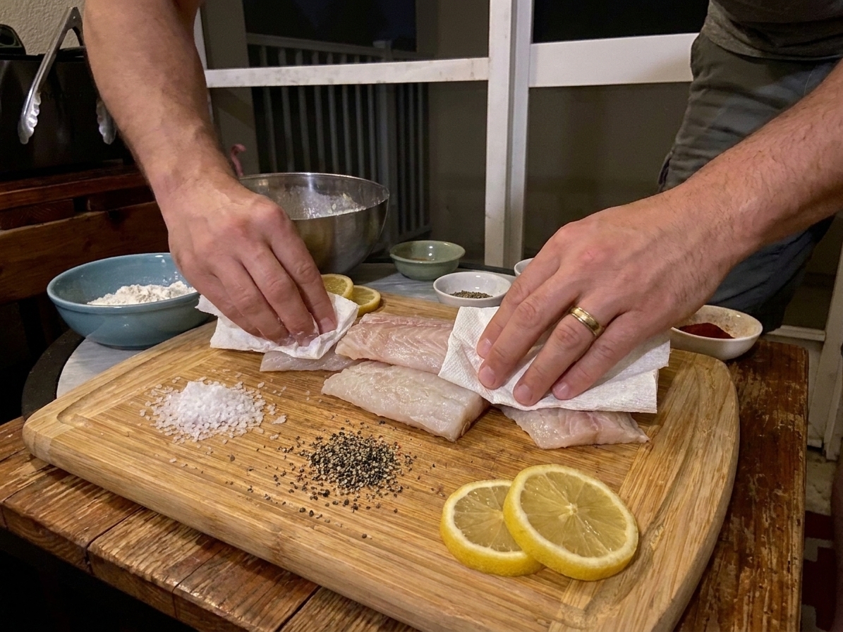 Hands patting raw cod fillets dry with paper towels on a cutting board beside small bowls of seasoning