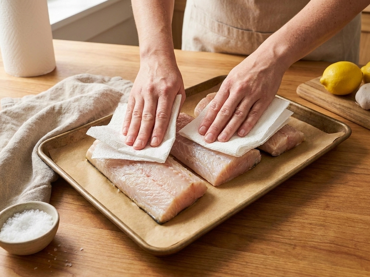 Hands patting raw mahi mahi fillets dry with paper towels on a parchment-lined sheet pan