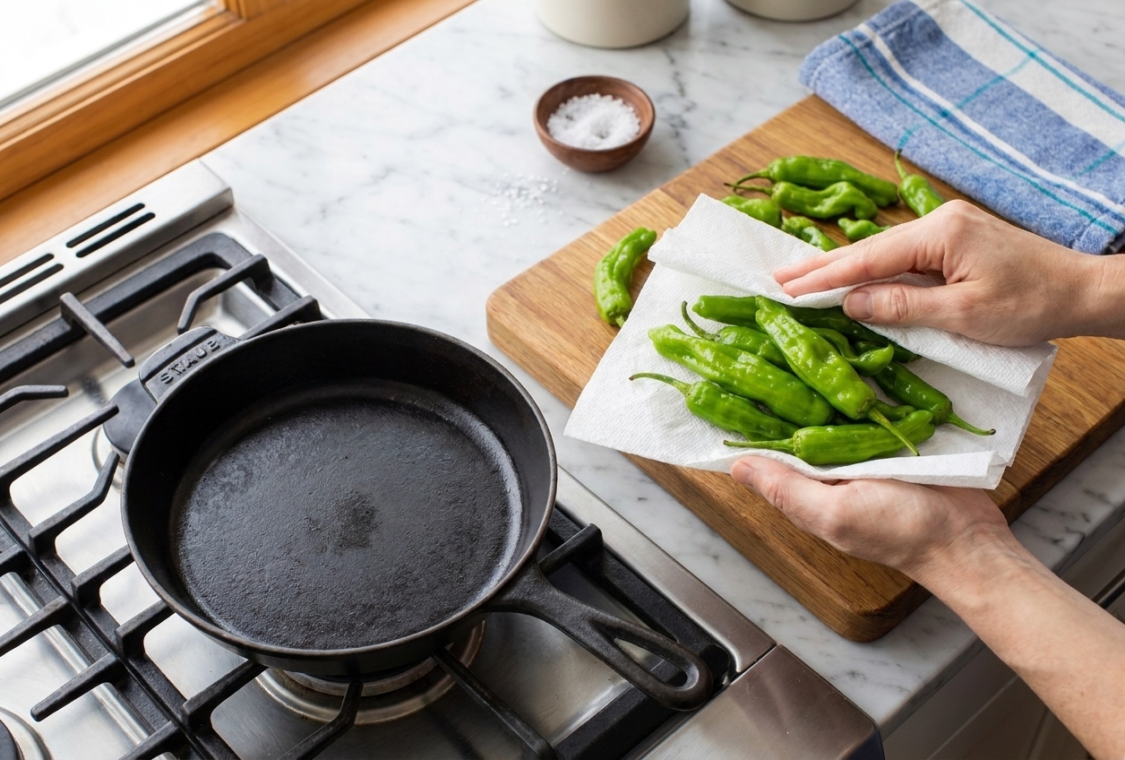 Hands patting shishito peppers dry with paper towels on a cutting board beside a hot skillet on the stovetop