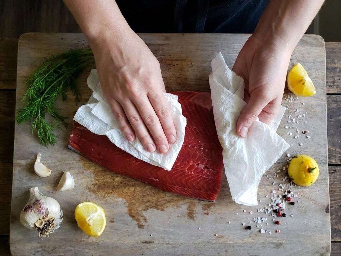 Hands patting sockeye salmon fillets dry with paper towels on a cutting board