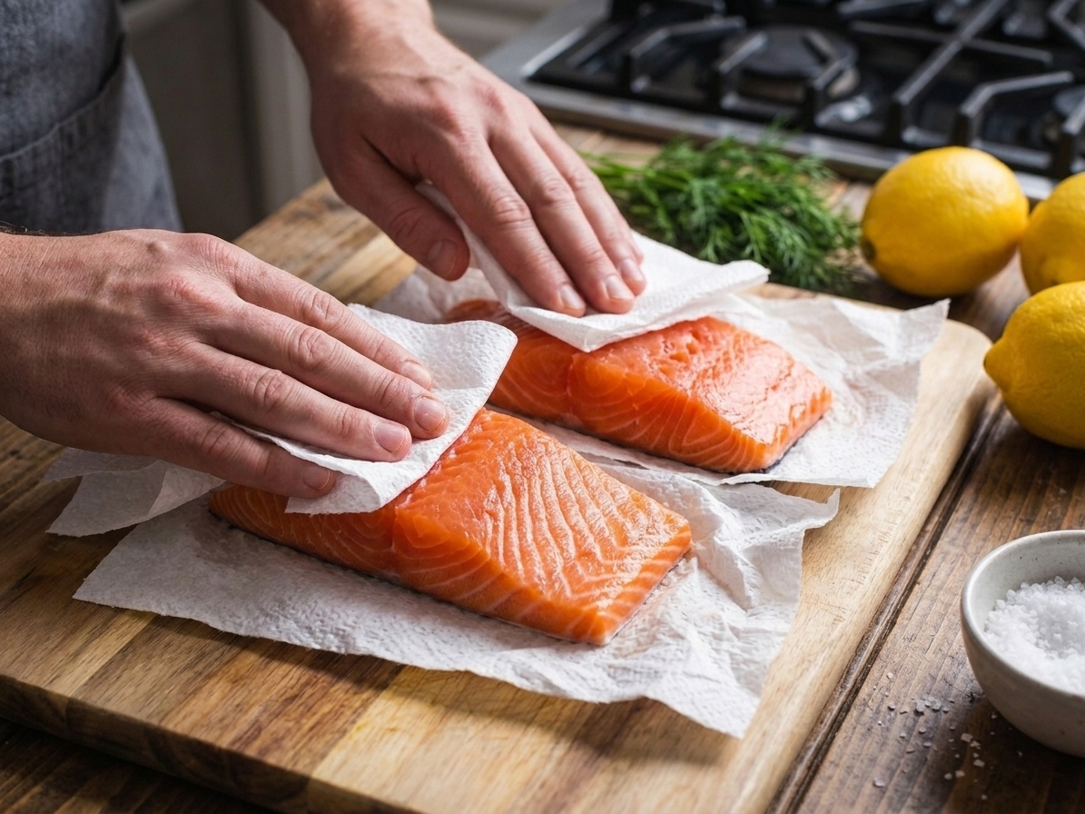 Hands patting sockeye salmon fillets dry with paper towels on a cutting board in a home kitchen
