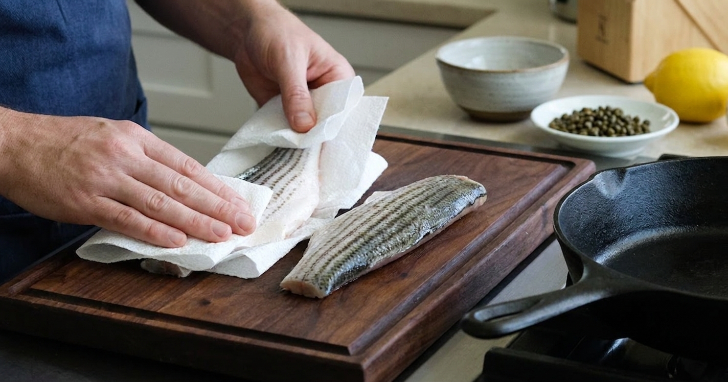 Hands patting striped bass fillets dry with paper towels on a cutting board next to a skillet on a home kitchen counter