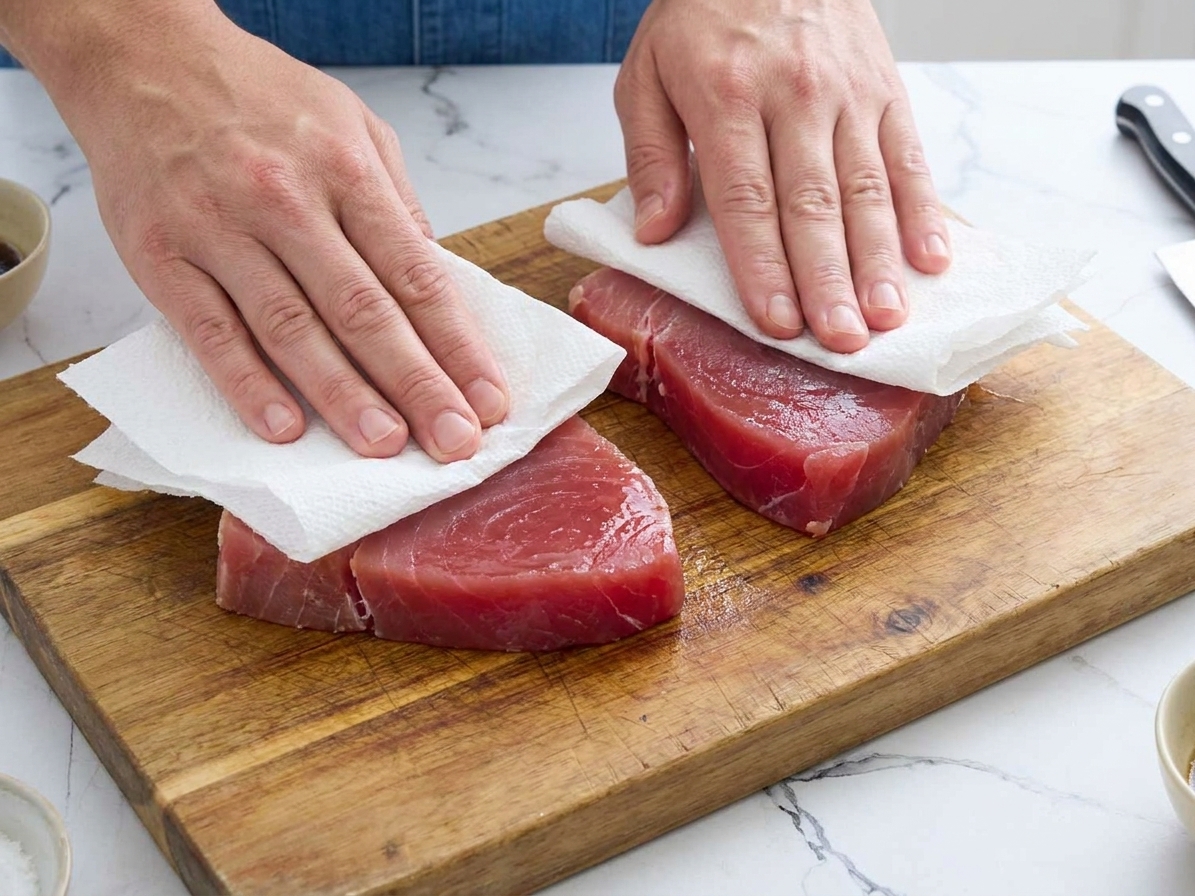 Hands patting yellowfin ahi tuna steaks dry with paper towels on a wooden cutting board on a kitchen counter
