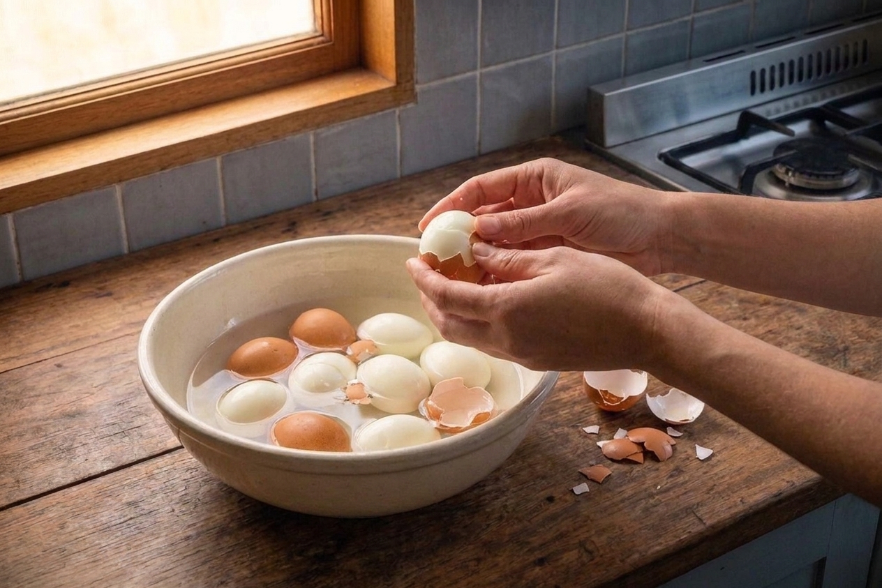 Hands peeling a boiled egg over a bowl on a kitchen counter, bits of shell visible, warm natural light