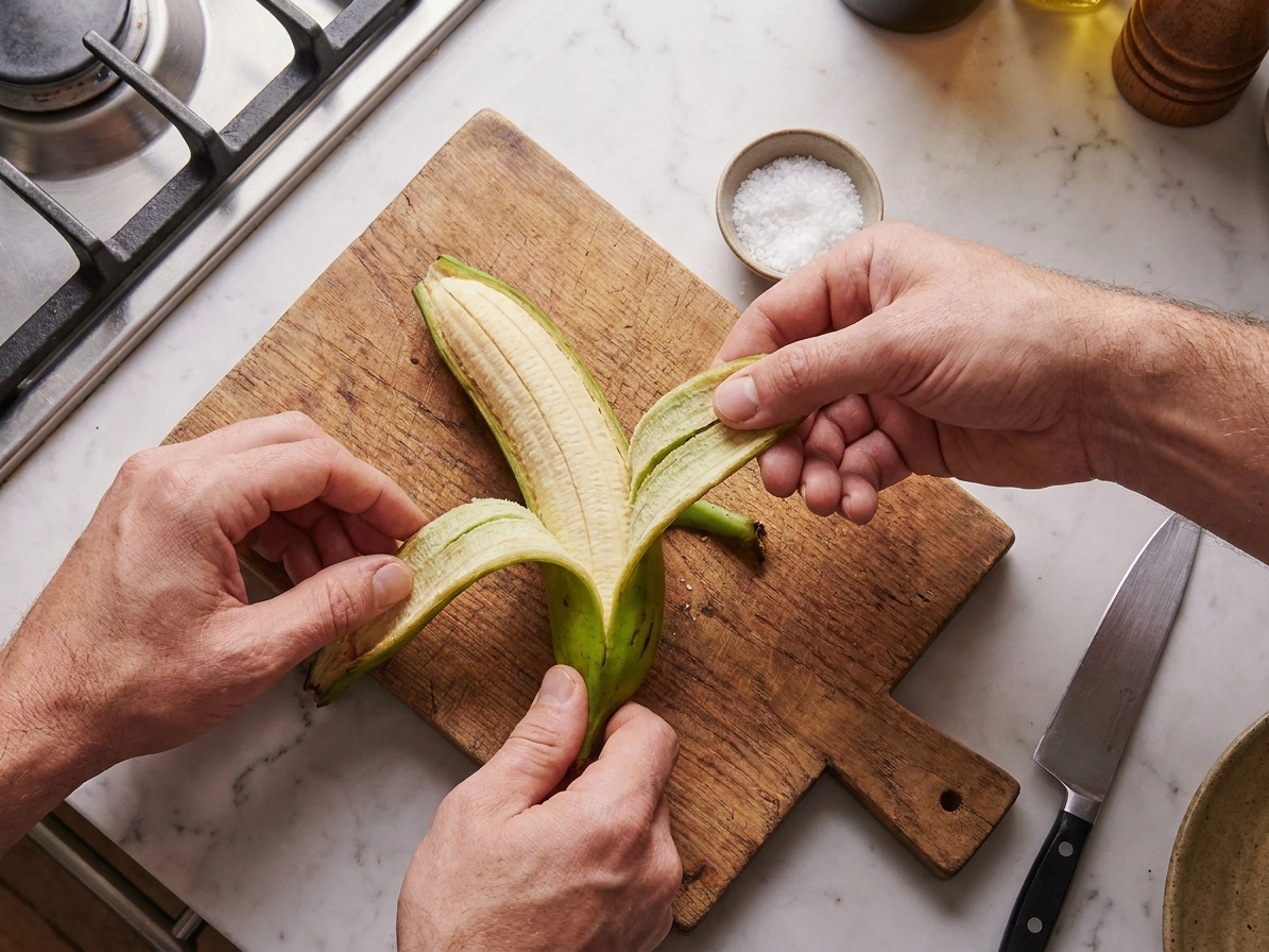 Hands peeling a green plantain that has been scored lengthwise on a wooden cutting board near a stove
