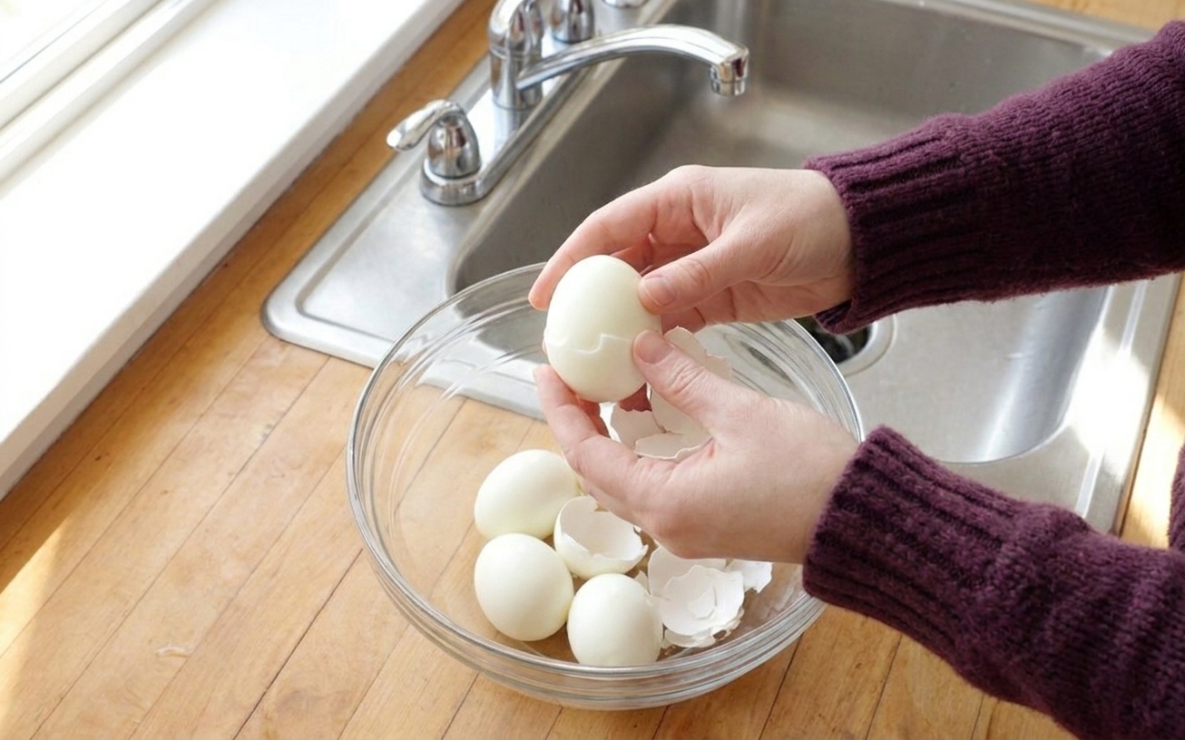Hands peeling a hard-boiled egg over a bowl in a bright kitchen sink area, with bits of shell falling away cleanly