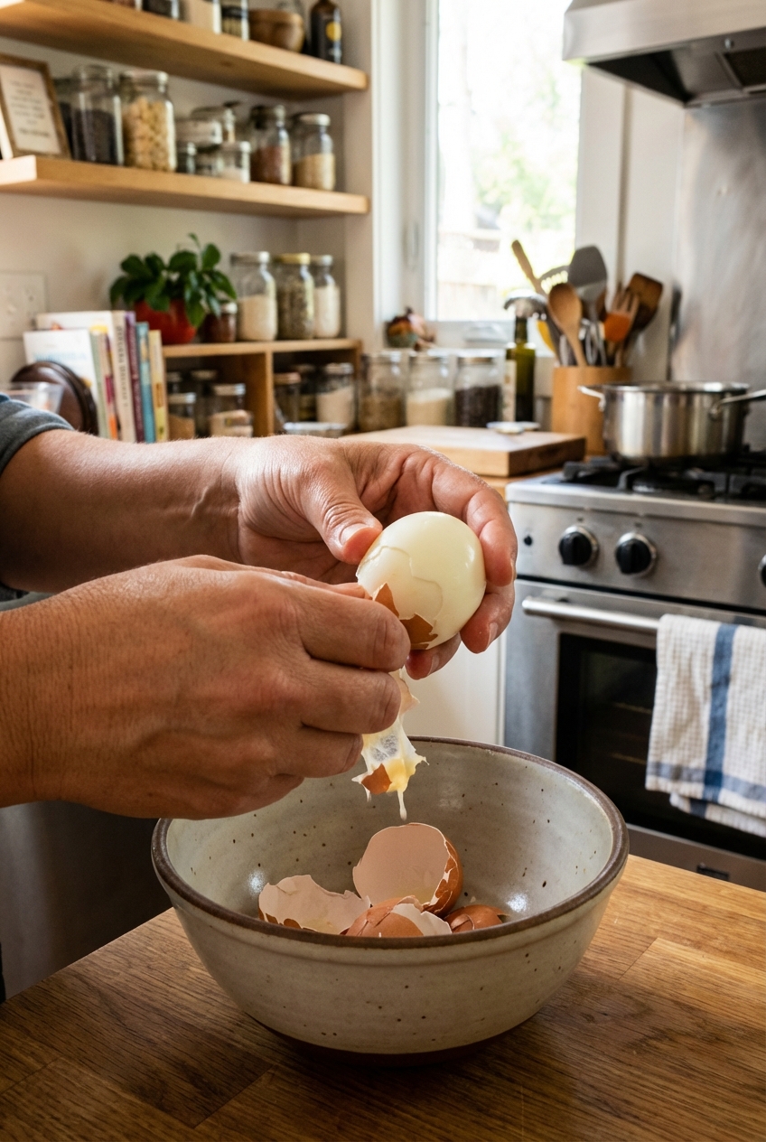 Hands peeling a hard boiled egg over a bowl in a home kitchen