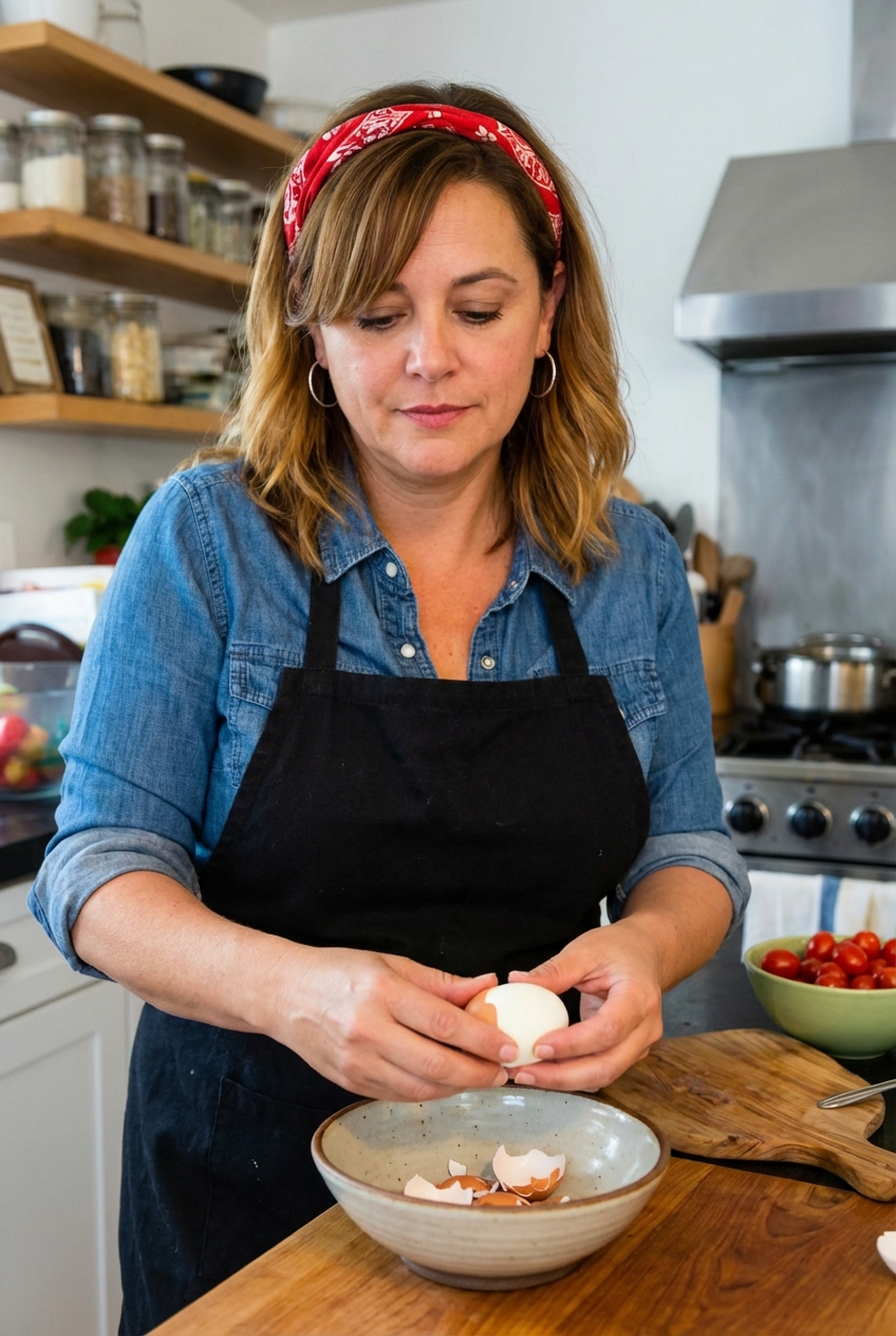 Hands peeling a hard-boiled egg over a bowl on a kitchen counter