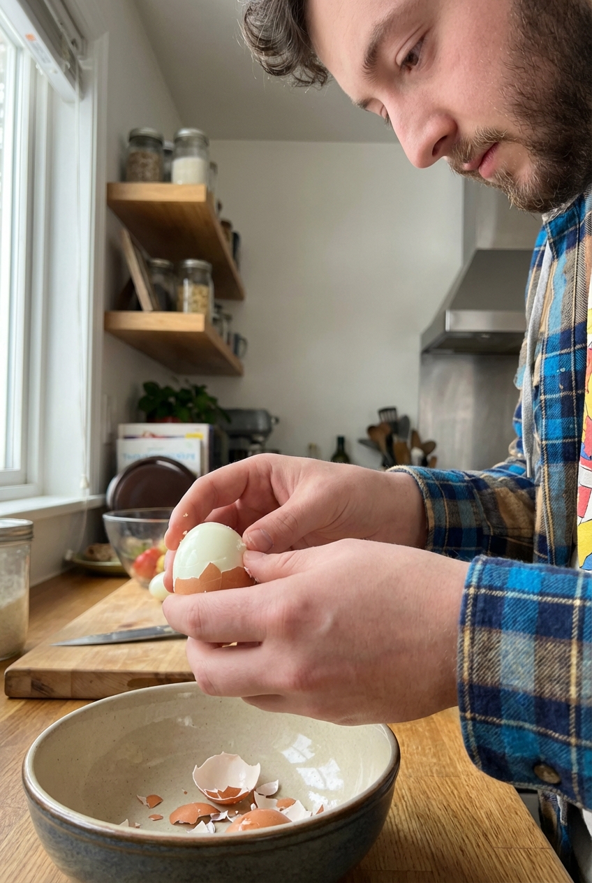 Hands peeling a hard boiled egg over a bowl on a kitchen counter