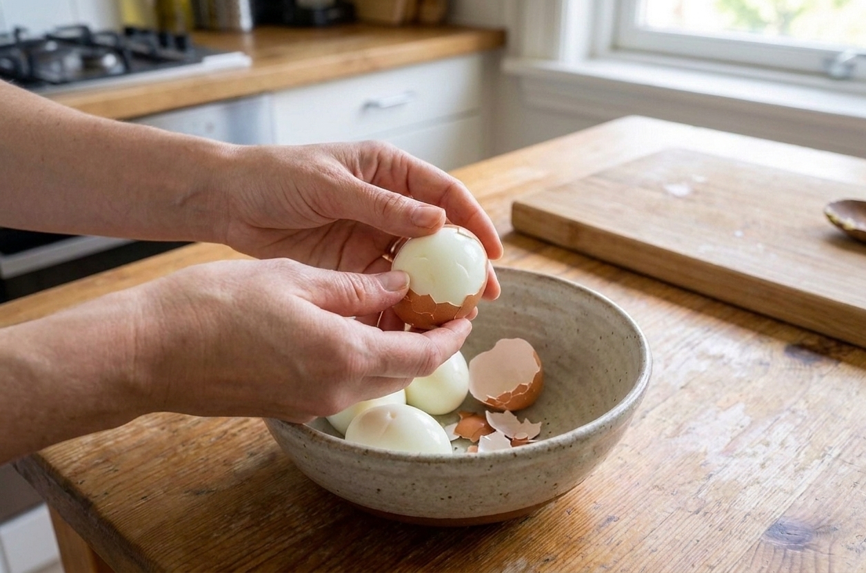 Hands peeling a hard-boiled egg over a bowl on a kitchen counter