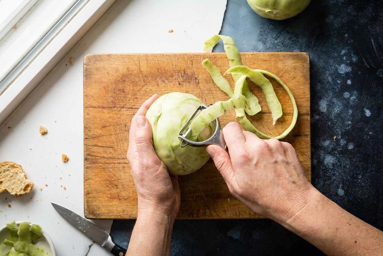 Hands peeling a kohlrabi bulb with a vegetable peeler over a wooden cutting board on a bright kitchen counter