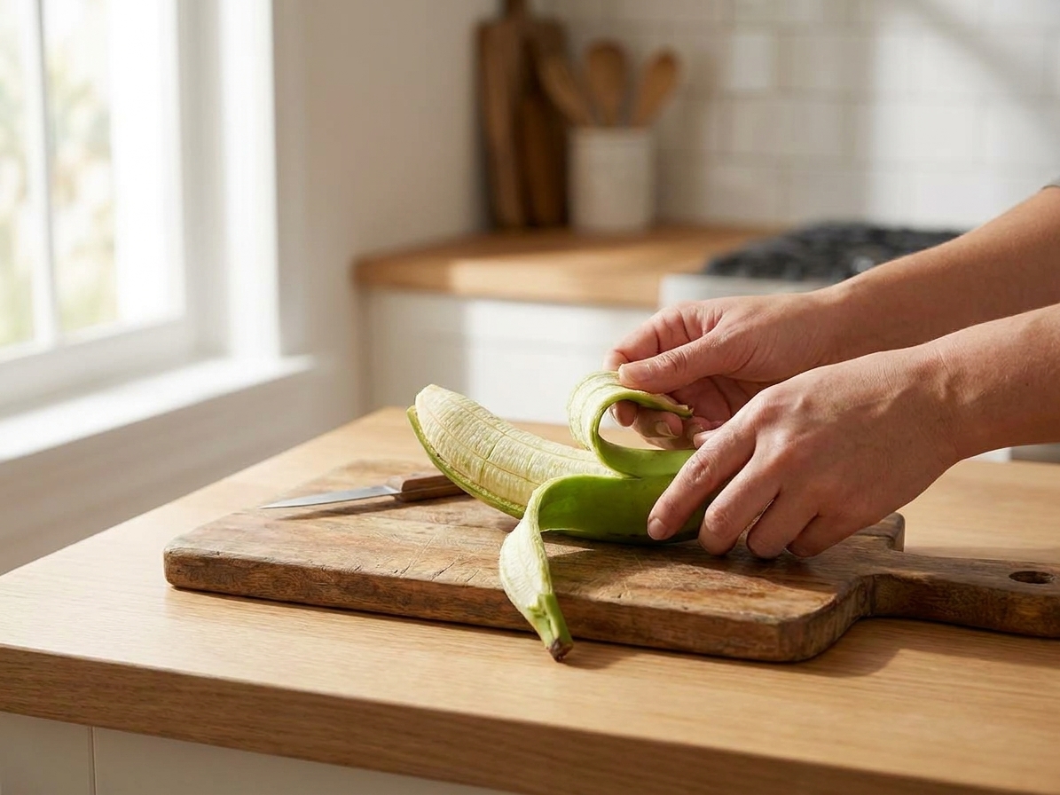Hands peeling a scored green plantain over a wooden cutting board on a bright kitchen counter