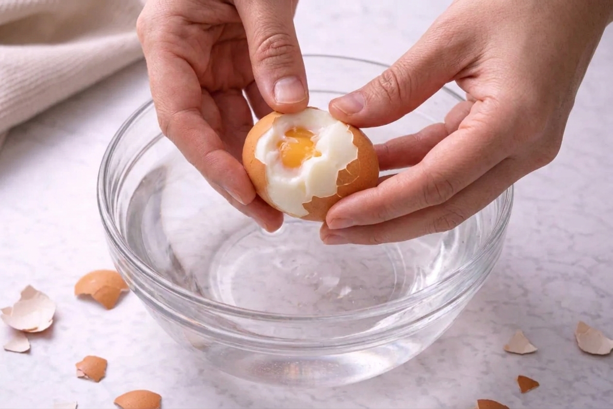 Hands peeling a soft-boiled egg over a bowl, with shell fragments on the counter