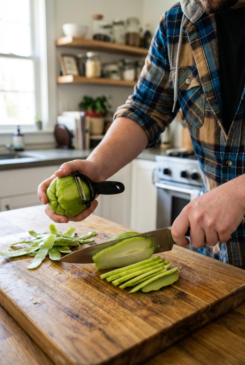 Hands peeling and slicing a chayote on a wooden cutting board with a chef's knife
