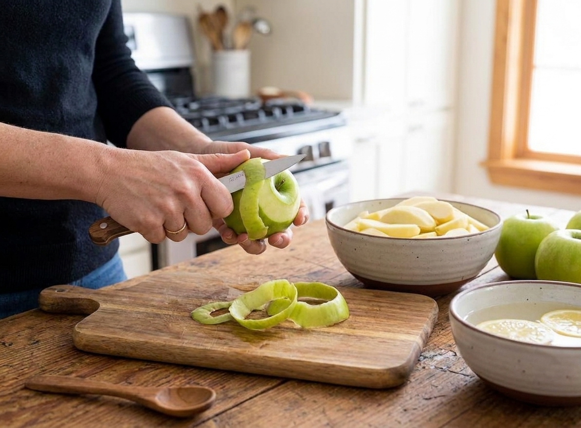Hands peeling apples over a wooden cutting board with a bowl nearby in a bright home kitchen