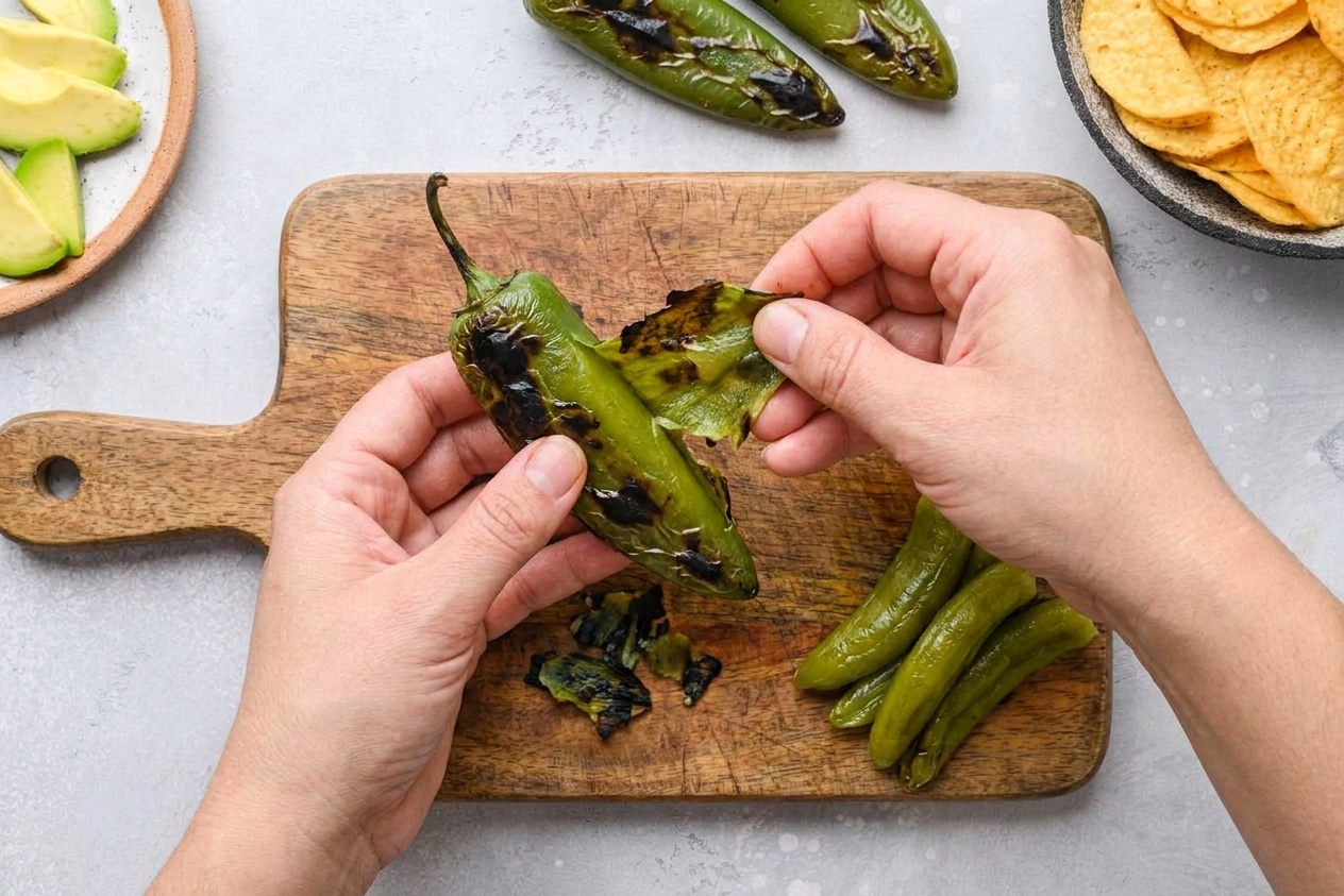 Hands peeling charred skin from a roasted green chile over a cutting board, with a small pile of peeled chiles nearby
