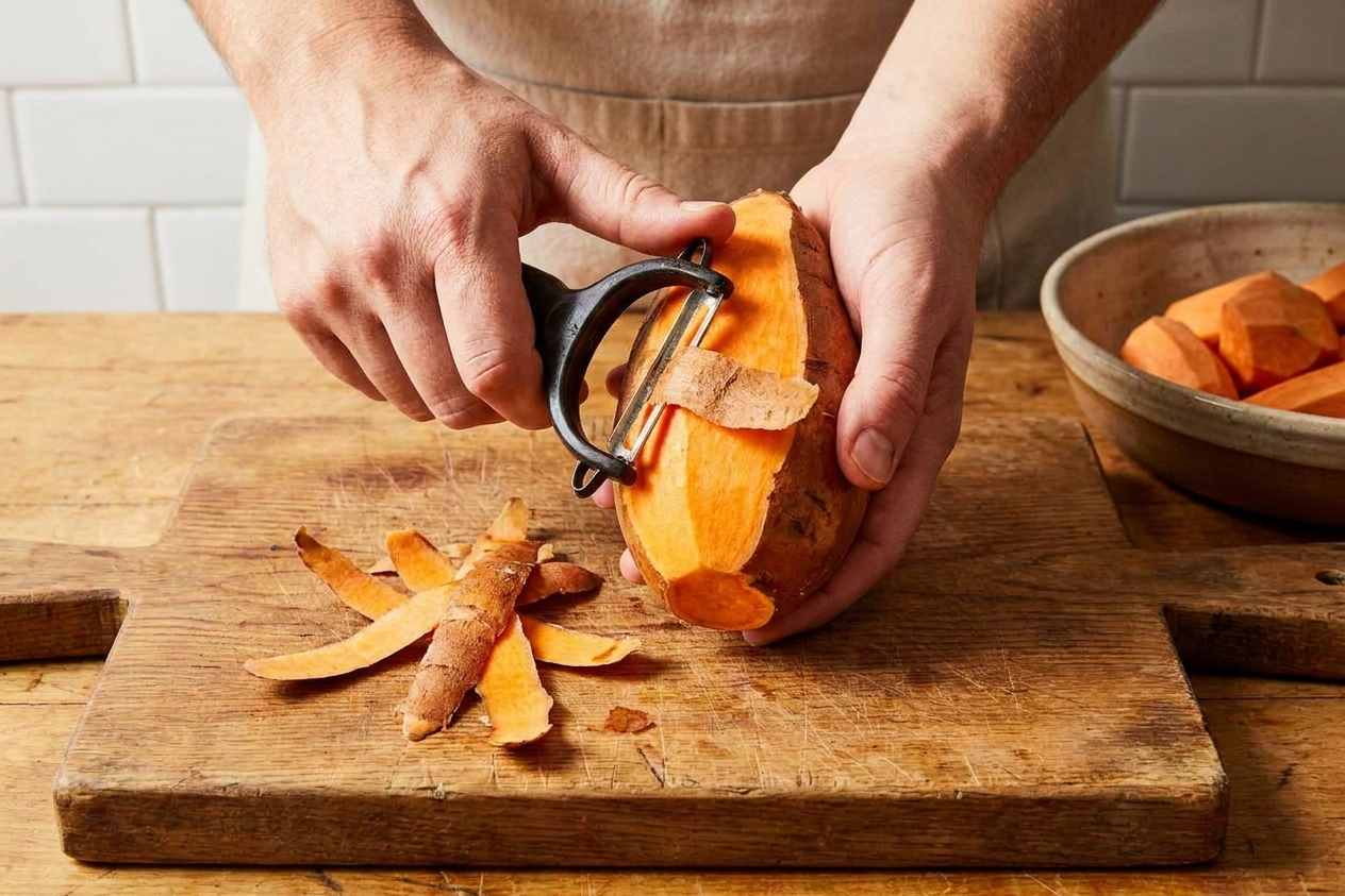 Hands peeling orange-fleshed yams over a cutting board on a home kitchen counter