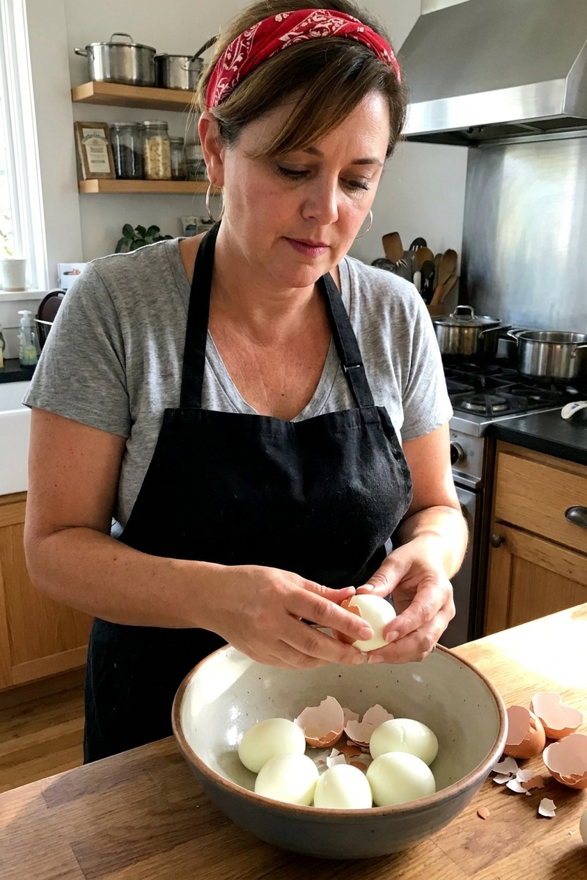 Hands peeling smooth hard boiled eggs over a bowl in a home kitchen, with eggshells scattered nearby