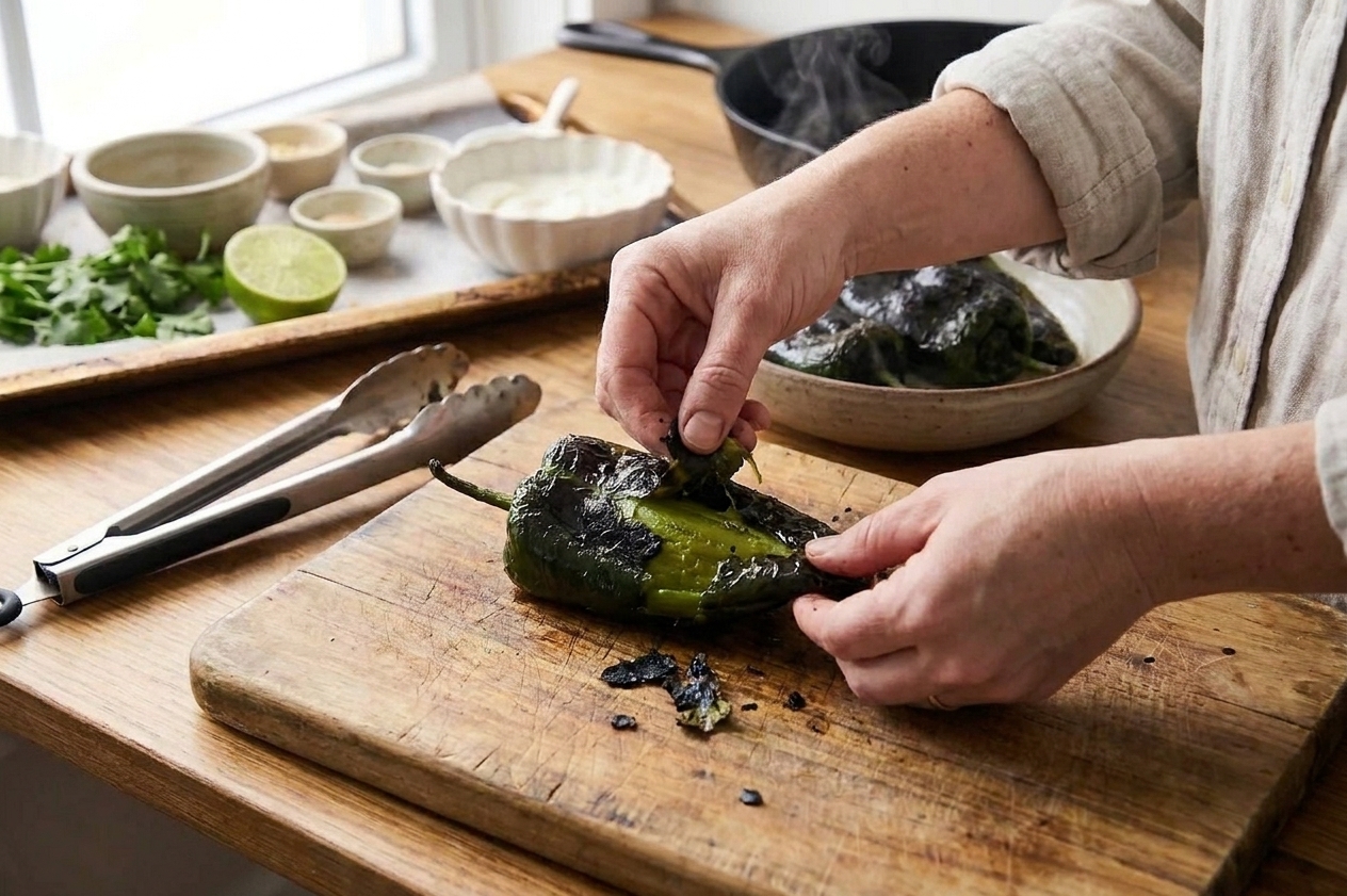 Hands peeling the charred skin from a roasted poblano pepper over a cutting board
