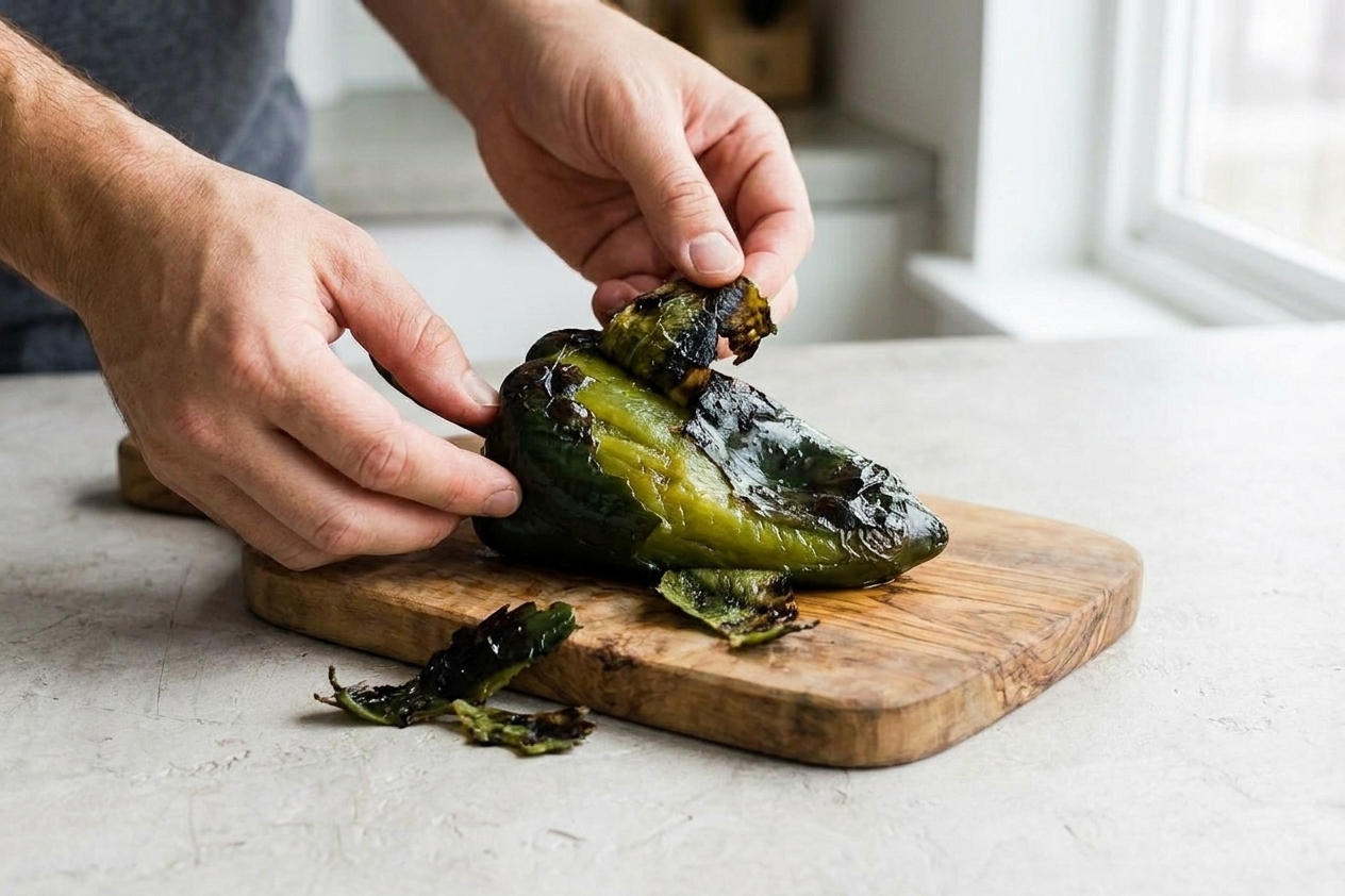 Hands peeling the charred skin from a roasted poblano pepper on a cutting board