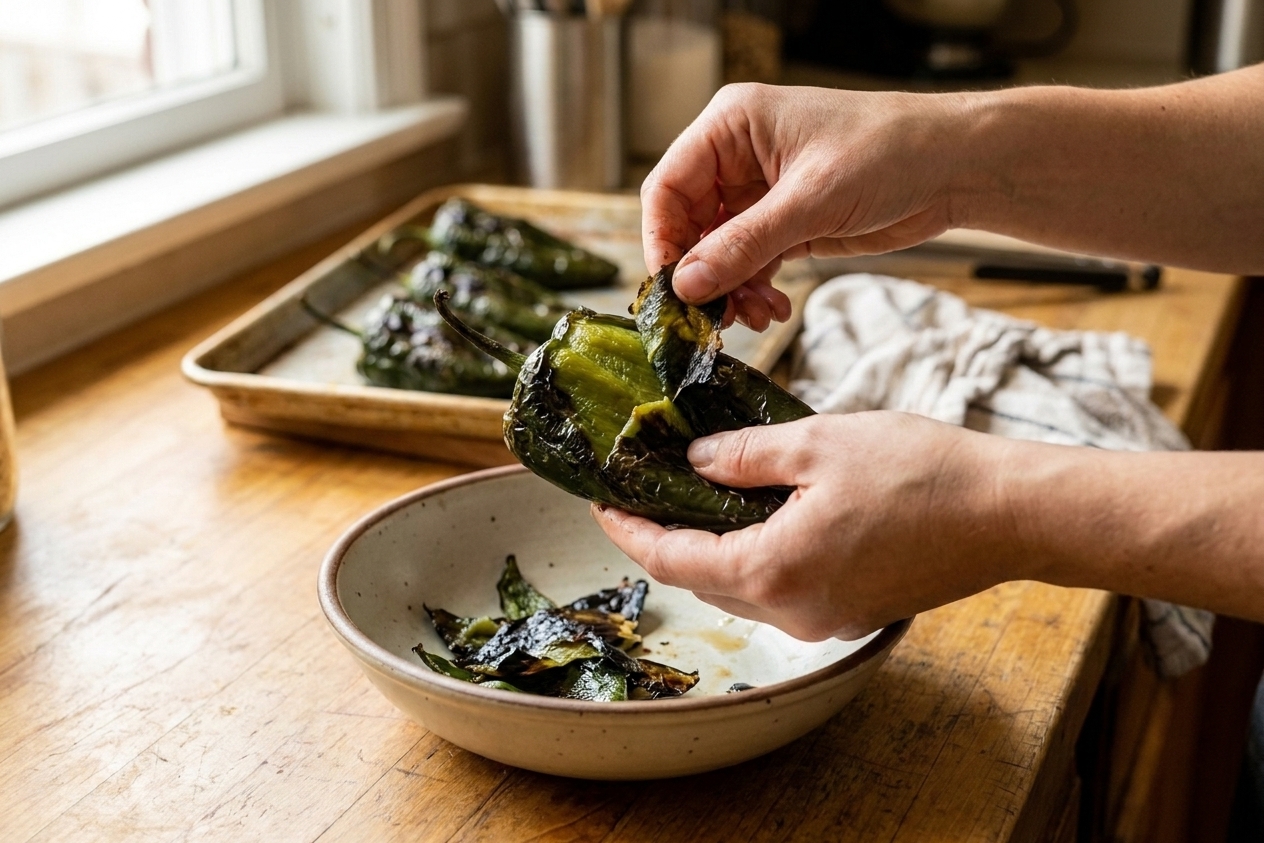 Hands peeling the loosened charred skin from a roasted poblano pepper over a bowl on a kitchen counter