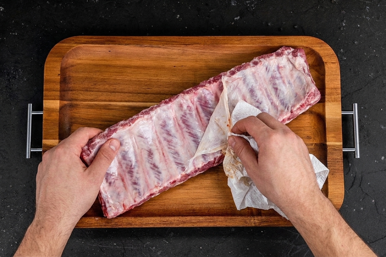 Hands peeling the membrane off the back of a rack of pork ribs using a paper towel on a wooden cutting board