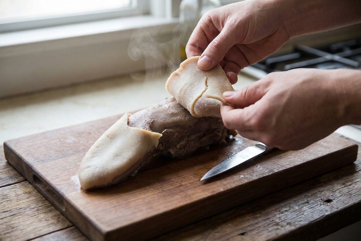 Hands peeling the outer skin from a cooked beef tongue on a cutting board with a small knife nearby