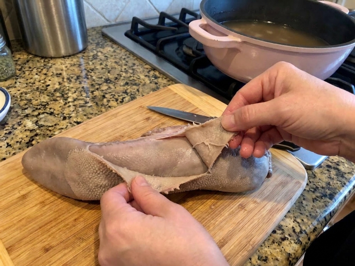 Hands peeling the outer skin off a cooked beef tongue on a cutting board with a small paring knife nearby