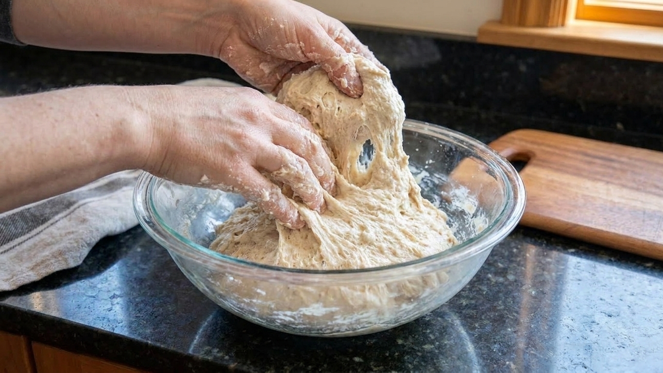 Hands performing a stretch and fold on sourdough dough in a glass bowl on a kitchen counter