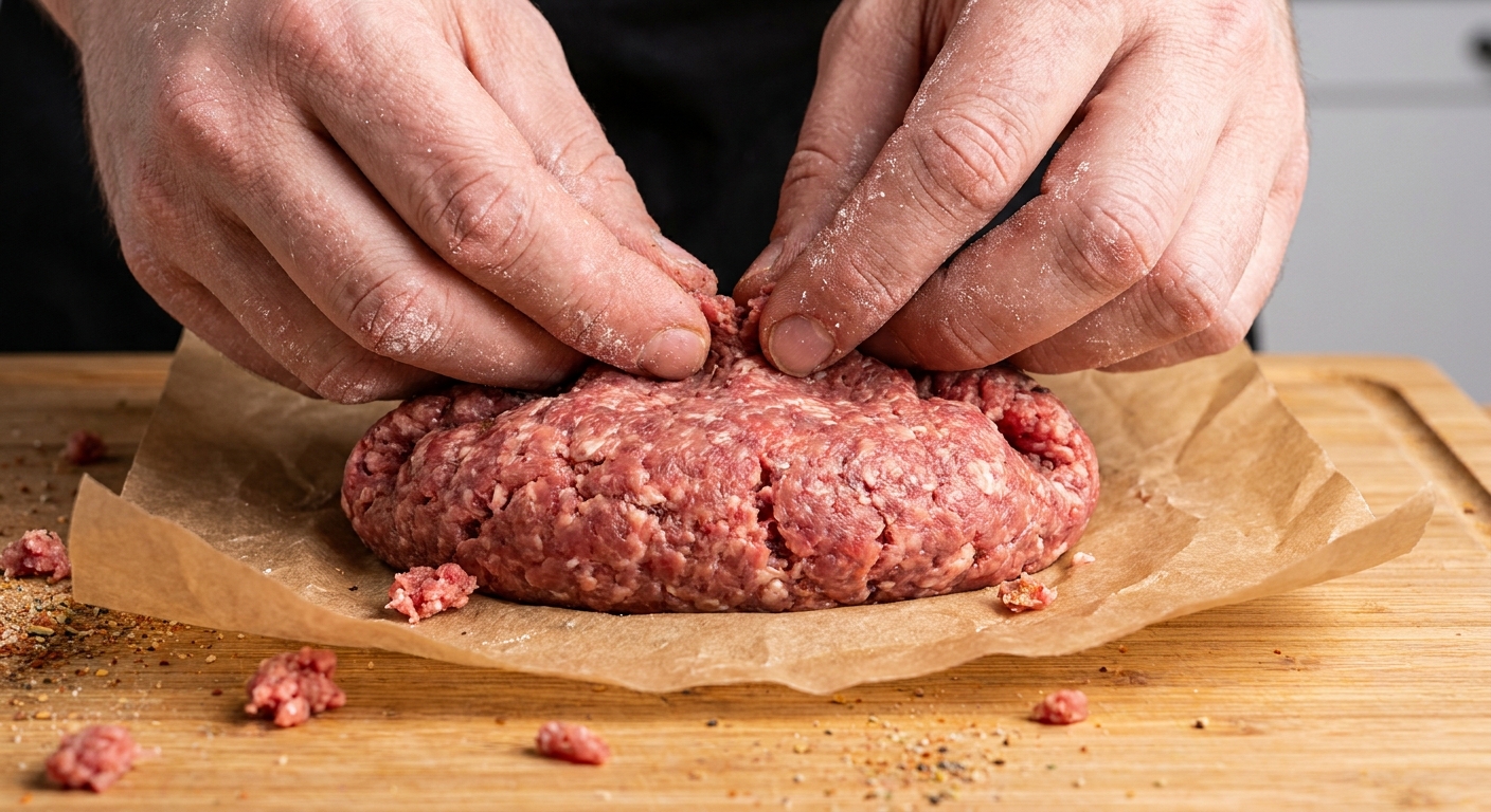 Hands pinching and sealing the edges of a raw stuffed burger patty on parchment paper