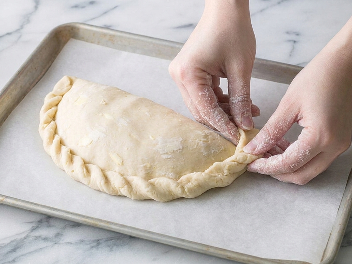 Hands pinching and twisting the edge of an unbaked Cornish pasty to form a rope crimp on a parchment-lined baking sheet
