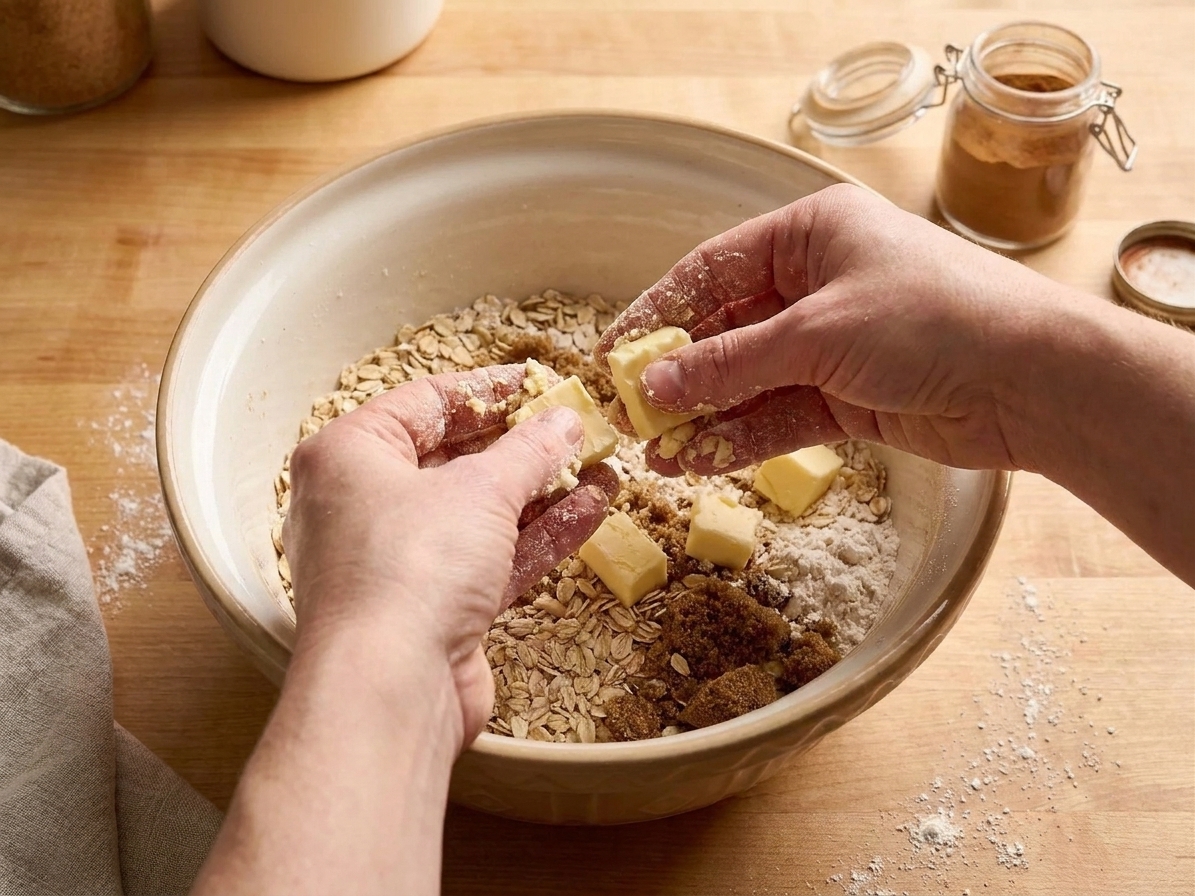 Hands pinching cold butter into a bowl of oats, flour, and brown sugar to form crumbly clusters