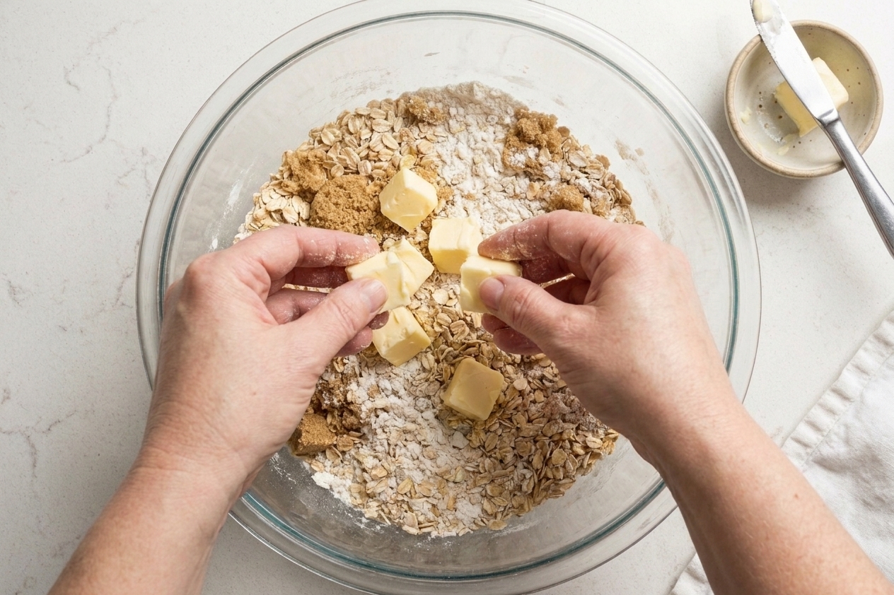 Hands pinching cold butter into an oat and flour mixture in a mixing bowl to form a crumbly topping