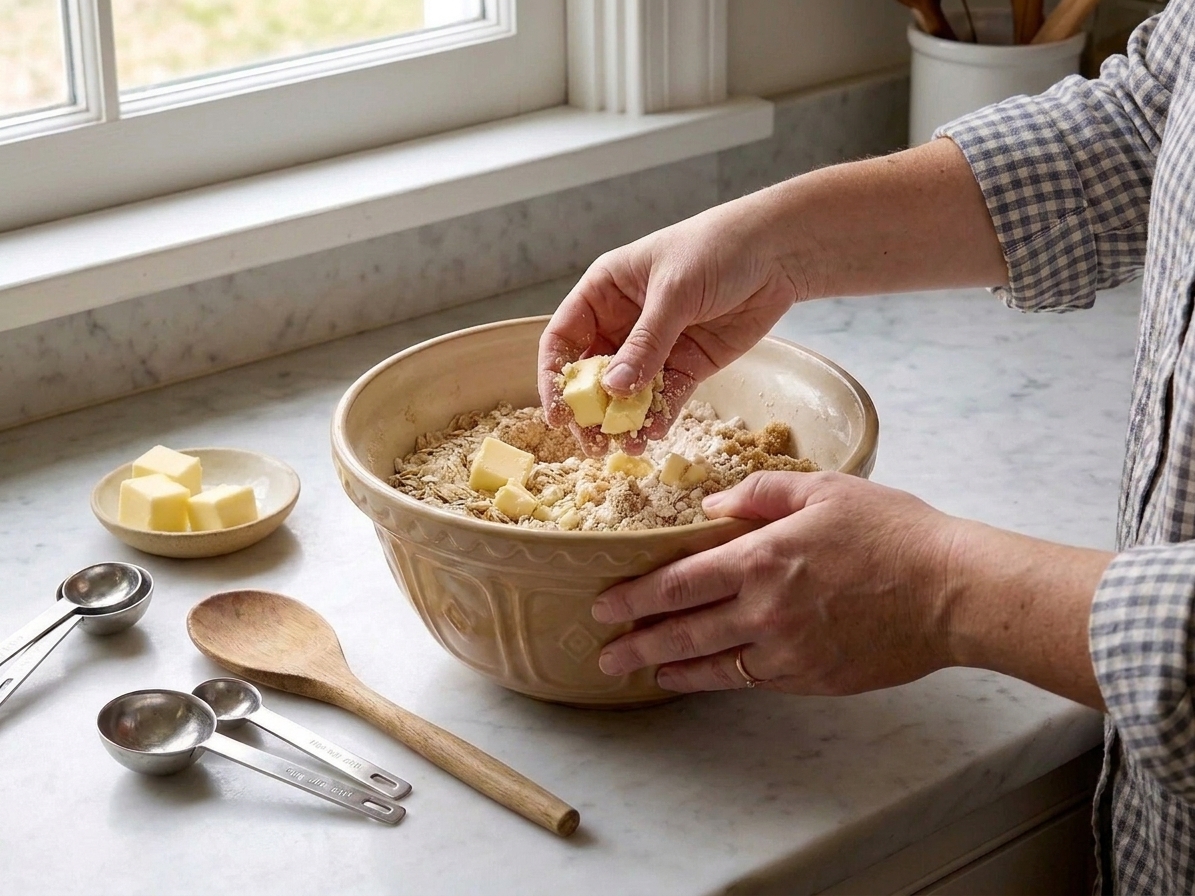 Hands pinching cold butter into an oat crumble mixture in a bowl on a stone countertop