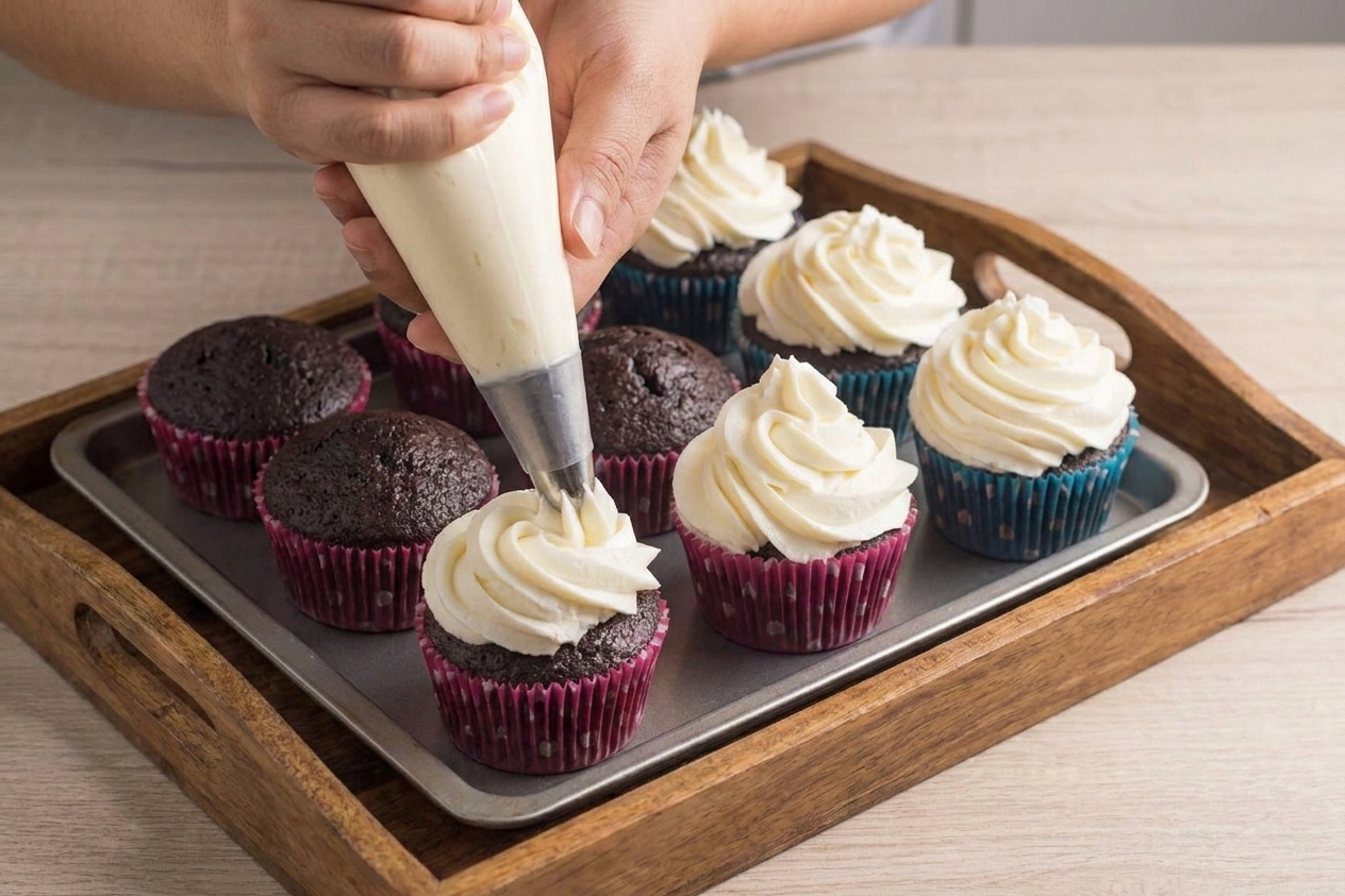 Hands piping a swirl of vanilla buttercream onto cooled cupcakes arranged on a baking sheet under bright kitchen lighting