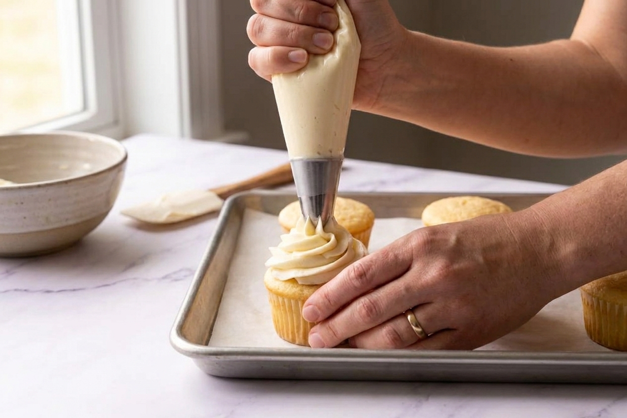 Hands piping a tall swirl of vanilla buttercream frosting onto a cupcake on a parchment-lined baking sheet on a home kitchen counter