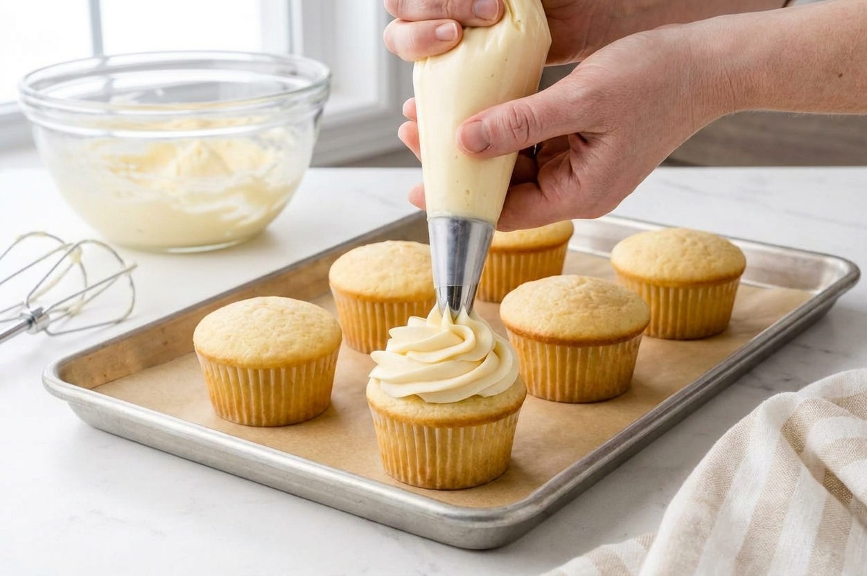 Hands piping a tall swirl of vanilla buttercream onto a row of cupcakes on a parchment-lined baking sheet