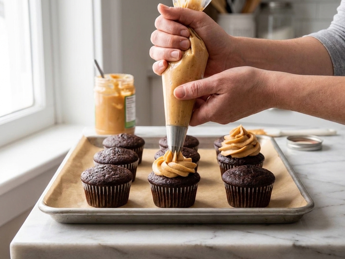 Hands piping a thick swirl of peanut butter frosting onto chocolate cupcakes on a parchment lined baking sheet on a home kitchen counter